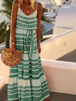 Maxikleid Grün Sommerkleider lang mit Streifen ärmellos Damenmode und Trägern Polyester-Baumwolle überdimensional und Falten und justierbaren Träger