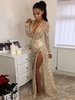 Maxikleid Hellgolden Sommerkleider lang mit Glitzer Langarm Damenmode maxi kleid und spitzem Dekolleté Tüll und Split und Pailletten für Sommer