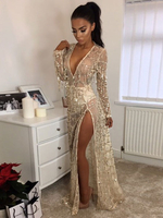 Maxikleid Hellgolden Sommerkleider lang mit Glitzer Langarm Damenmode maxi kleid und spitzem Dekolleté Tüll und Split und Pailletten für Sommer
