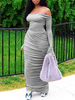 Maxikleid Hellgrau Sommerkleider lang Langarm mit Carmenausschnitt Damenmode maxi kleid gemischten Baumwollen und rückenfreiem Design für Herbst