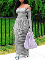 Maxikleid Hellgrau Sommerkleider lang Langarm mit Carmenausschnitt Damenmode maxi kleid gemischten Baumwollen und rückenfreiem Design für Herbst