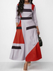 Maxikleid Hellgrau Sommerkleider lang mit Farbblock 3/4 Ärmel Damenmode maxi kleid und Rundkragen Polyester überdimensional für Sommer Kleider