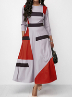 Maxikleid Hellgrau Sommerkleider lang mit Farbblock 3/4 Ärmel Damenmode maxi kleid und Rundkragen Polyester überdimensional für Sommer Kleider
