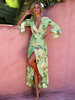 Maxikleid Hellgrün Sommerkleider lang mit Printmuster 3/4 Ärmel Damenmode maxi kleid V-Ausschnitt Chiffon und Split für Sommer Kleider