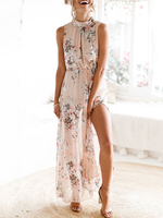 Maxikleid Hellrosa Sommerkleider lang mit Printmuster ärmellos Damenmode Halskragen Chiffon und rückenfreiem Design und Schlitz an der Front