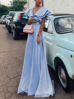 Maxikleid Hellschiefergrau Sommerkleider lang Kurzarm V-Ausschnitt Damenmode maxi kleid Polyester mit schichtigem Design und Rüschen für Sommer