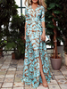 Maxikleid Hellschiefergrau Sommerkleider lang mit Print 1/2 Ärmel Damenmode V-Ausschnitt Polyester und figurbetonendem Design