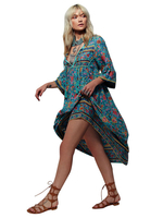 Maxikleid Hellschiefergrau Sommerkleider lang mit Print Langarm Damenmode maxi kleid U-Halsausschnitt Viskose überdimensional und Schnüren