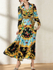 Maxikleid Hellschiefergrau Sommerkleider lang mit Print Langarm Damenmode maxi kleid V-Ausschnitt Polyester und High-Low Design und Schnüren