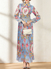 Maxikleid Hellschiefergrau Sommerkleider lang mit Print Langarm Damenmode und Umlegekragen Polyester und High-Low Design und Falten für Herbst