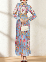 Maxikleid Hellschiefergrau Sommerkleider lang mit Print Langarm Damenmode und Umlegekragen Polyester und High-Low Design und Falten für Herbst