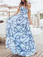 Maxikleid Hellschiefergrau Sommerkleider lang mit Print ärmellos Damenmode maxi kleid und Trägern Chiffon und rückenfreiem Design geknotet