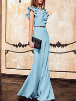 Maxikleid Hellschiefergrau Sommerkleider lang ärmellos V-Ausschnitt Damenmode maxi kleid gemischten Baumwollen mit Rüschen für Frühling Kleider