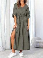 Maxikleid Jägergrün Sommerkleider lang 1/2 Ärmel V-Ausschnitt Damenmode maxi kleid Polyester mit Split Cutouts für Sommer Kleider