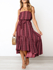 Maxikleid Kastanienbraun Sommerkleider lang mit Streifen ärmellos Damenmode und Trägern gemischten Baumwollen und High-Low Design und Rüschen