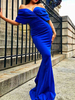 Maxikleid Königsblau Sommerkleider lang Kurzarm mit Carmenausschnitt Damenmode maxi kleid Michartige Seide und figurbetonendem Design für Sommer