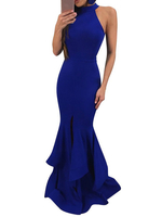 Maxikleid Königsblau Sommerkleider lang ärmellos mit Rundhalsausschnitt Damenmode Michartige Seide und figurbetonendem Design und Rüschen für Sommer