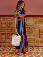 Maxikleid Kurzarm Sommerkleider lang Blau Damenmode mit Rundkragen und Streifen für Sommer maxi kleid und Straßen-Style Polyester Kleider