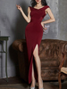 Maxikleid Kurzarm Sommerkleider lang Burgunderrot Damenmode V-Ausschnitt mit Schulterfrei für Sommer maxi kleid und Abend Polyester Kleider