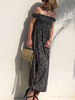 Maxikleid Kurzarm Sommerkleider lang Dunkelblau Damenmode mit Carmenausschnitt und Print für Sommer maxi kleid und Straßen-Style Polyester Kleider