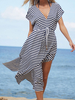 Maxikleid Kurzarm Sommerkleider lang Dunkelblau Damenmode V-Ausschnitt mit Streifen für Alltag maxi kleid gemischten Baumwollen Kleider