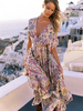 Maxikleid Kurzarm Sommerkleider lang Fuchsienfarbig V-Ausschnitt mit Printmuster für Sommer maxi kleid und Straßen-Style gemischten Baumwollen