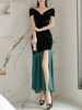 Maxikleid Kurzarm Sommerkleider lang Grün Damenmode V-Ausschnitt mit Farbblock für Sommer maxi kleid und Abend Polyester Kleider