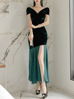 Maxikleid Kurzarm Sommerkleider lang Grün Damenmode V-Ausschnitt mit Farbblock für Sommer maxi kleid und Abend Polyester Kleider
