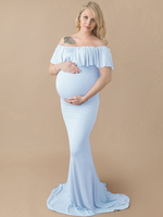 Maxikleid Kurzarm Sommerkleider lang Hellschiefergrau Damenmode mit Carmenausschnitt für Sommer und Urlaub maxi kleid gemischten Baumwollen Kleider