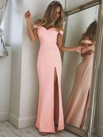 Maxikleid Kurzarm Sommerkleider lang Rosa mit Carmenausschnitt für Herbst und Frühling und Verlobungstag maxi kleid gemischten Baumwollen
