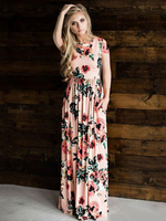 Maxikleid Kurzarm Sommerkleider lang Rosa mit Rundkragen und Printmuster für Sommer und Frühling maxi kleid und Urlaub gemischten Baumwollen