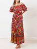 Maxikleid Kurzarm Sommerkleider lang Rot mit Bateau-Kragen und Printmuster für Frühling und Sommer maxi kleid und Straßen-Style