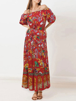Maxikleid Kurzarm Sommerkleider lang Rot mit Bateau-Kragen und Printmuster für Frühling und Sommer maxi kleid und Straßen-Style