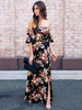 Maxikleid Kurzarm Sommerkleider lang Schwarz Damenmode mit Carmenausschnitt und Printmuster für Sommer maxi kleid und Party Polyester Kleider
