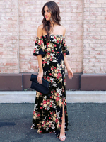 Maxikleid Kurzarm Sommerkleider lang Schwarz Damenmode mit Carmenausschnitt und Printmuster für Sommer maxi kleid und Party Polyester Kleider