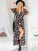 Maxikleid Kurzarm Sommerkleider lang Schwarz Damenmode V-Ausschnitt mit Print für Sommer maxi kleid und Straßen-Style Polyester Kleider