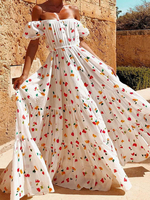 Maxikleid Kurzarm Sommerkleider lang Weiß Damenmode mit Carmenausschnitt und Printmuster für Sommer maxi kleid und Alltag Polyester-Baumwolle Kleider