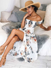 Maxikleid Kurzarm Sommerkleider lang Weiß Damenmode mit Carmenausschnitt und Printmuster für Sommer maxi kleid und Urlaub Chiffon Kleider