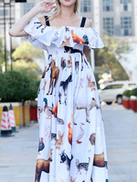 Maxikleid Kurzarm Sommerkleider lang Weiß Damenmode mit Carmenausschnitt und Tiermuster für Sommer maxi kleid und Straßen-Style Polyester Kleider