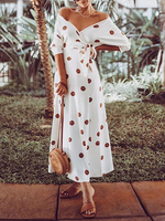 Maxikleid Kurzarm Sommerkleider lang Weiß Damenmode V-Ausschnitt mit Polka-Tupfen für Sommer maxi kleid und Straßen-Style Polyester Kleider