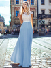 Maxikleid Lachsrosa Sommerkleider lang mit Farbblock Kurzarm Damenmode maxi kleid und Rundkragen Chiffon und rückenfreiem Design und Spitzen
