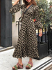 Maxikleid Langarm Sommerkleider lang Aprikose Damenmode V-Ausschnitt mit Leopard-Korn Optik für Herbst maxi kleid und Straßen-Style Polyester