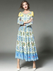 Maxikleid Langarm Sommerkleider lang Blau Damenmode mit Rundkragen und Print für Herbst maxi kleid und Straßen-Style Chiffon Kleider