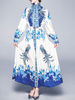 Maxikleid Langarm Sommerkleider lang Blau Damenmode mit Stehkragen und Print für Herbst und Winter maxi kleid Büro & Karriere Polyester Kleider
