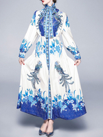 Maxikleid Langarm Sommerkleider lang Blau Damenmode mit Stehkragen und Print für Herbst und Winter maxi kleid Büro & Karriere Polyester Kleider