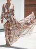 Maxikleid Langarm Sommerkleider lang Braun Damenmode V-Ausschnitt mit Print für Herbst und Frühling maxi kleid und Straßen-Style Chiffon