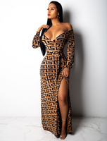 Maxikleid Langarm Sommerkleider lang Braun mit Carmenausschnitt und Print für Herbst und Sommer und Frühling maxi kleid und Straßen-Style