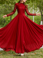 Maxikleid Langarm Sommerkleider lang Burgunderrot Damenmode mit Stehkragen Chiffon Kleider maxi kleid
