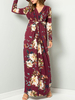 Maxikleid Langarm Sommerkleider lang Burgunderrot Damenmode V-Ausschnitt mit Printmuster für Herbst maxi kleid Dating Polyester Kleider
