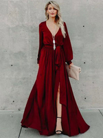 Maxikleid Langarm Sommerkleider lang Burgunderrot Damenmode V-Ausschnitt und Sommer und Frühling und Party maxi kleid Polyester Kleider